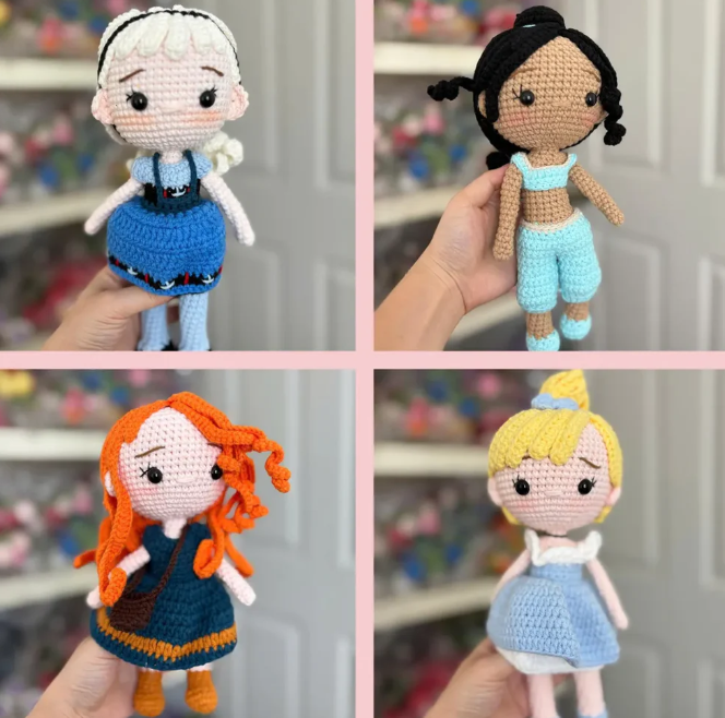 Complete Set of 20 Handmade Crochet Dolls – Princesses & Characters Inspired by Disney