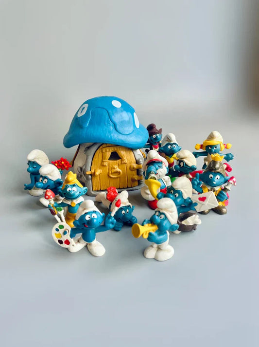 Full Set of 68 Vintage Smurf Figurines + Blue Mushroom House – Peyo, Schleich, Bully – 70s/80s Collectibles
